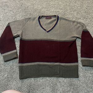 Vintage Grandpa Knit Wool Sweater Medium Color Block V‎ Neck Stripe 90s Preppy